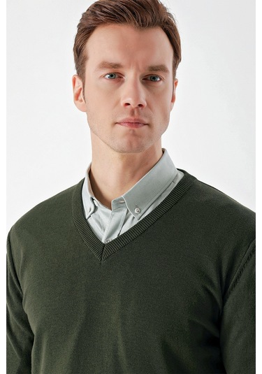 Morven Erkek Haki Basic V Yaka Dynamic Fit Rahat Kesim Triko Haki