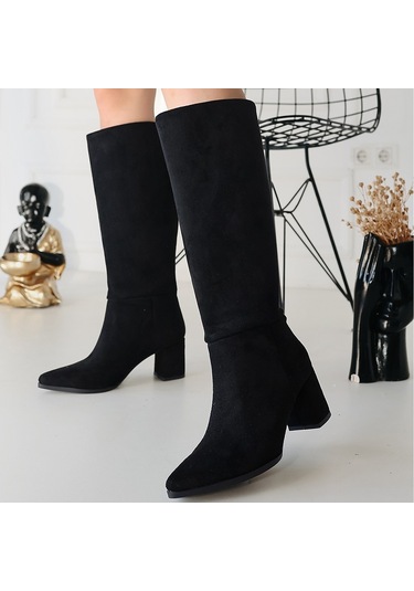 Roksa Siyah Süet Topuklu Çizme Siyah