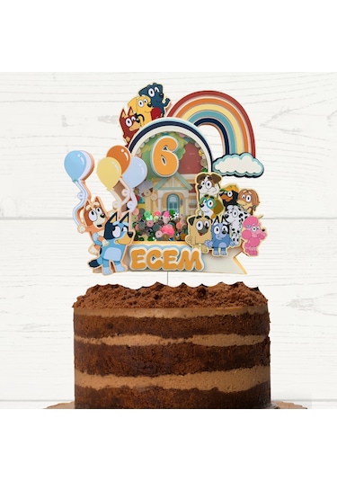 Bluey Karakterleri Temalı İsme Özel Doğum Günü Pasta Süsü