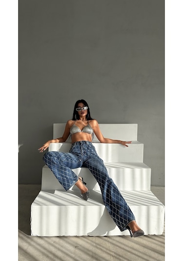 Kadın Koyu Mavi Renk Loose Fit Önü Starlight Parlak Taşlı Tasarım Denim Mavi