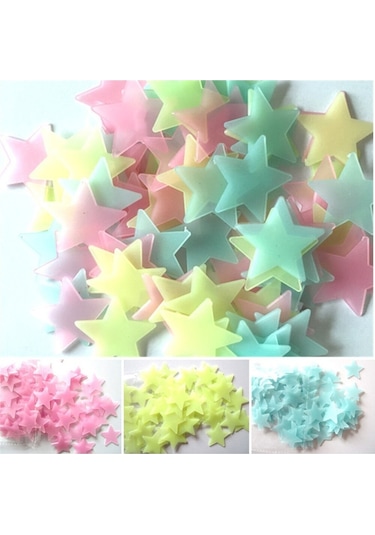 50 Adet Yeşil Renk Fosforlu Yıldız Gülen Ay Duvar Tavan Süsleri Çocuk Odası