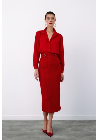 Sateen Düz Klasik Gömlek - Kırmızı-122327 Kırmızı