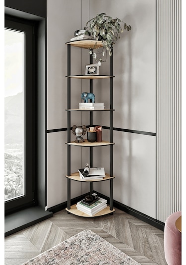 Masivo Köşe Kitaplık Safir Meşe 6 Katlı Meşe