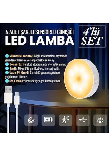 Upway 4 Adet Sensörlü Şarjlı Mıknatıslı Led Lamba Seti - 8 Ledli Günışığı Renkli Gün Işığı