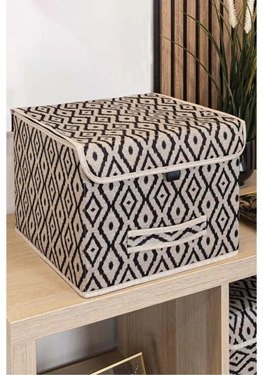 Bohe Çok Amaçlı Kapaklı Kutu, Dolap Raf Düzenleyici, Dekoratif Saklama Kutusu 30x30x23 Cm Gri-beyaz