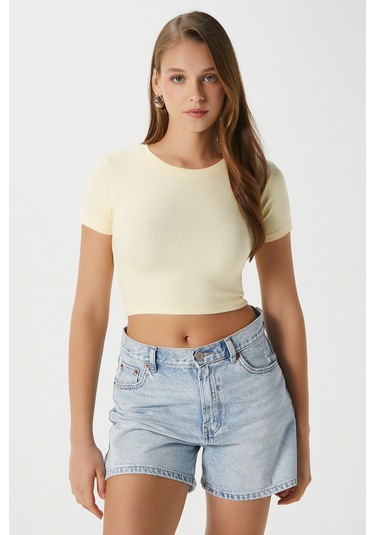 Kadın Deal Lux Touch Yumuşak Doku Crop Tereyağı Sarısı Bluz Tereyağı Sarısı