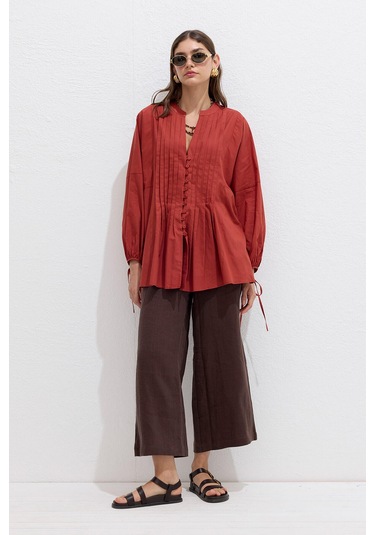 Nervür Detaylı Vual Tunik Turuncu Turuncu