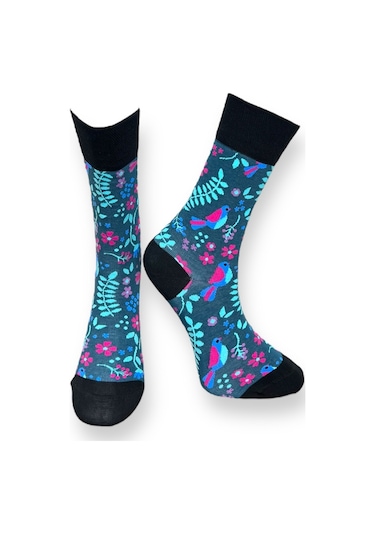 3'lü Unısex Doğa Temalı Kuş Ve Yaprak Tasarımlı Esnek Nem Alabilen Pamuklu Spor Soket Çoraplar Çok Renkli