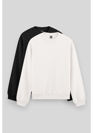 Standart Fit Basic O Yaka 2li Paket Siyah-ekru Erkek Sweatshirt - 88053 Siyah - Ekru