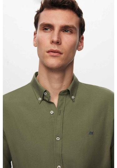 Ds Damat Slim Fit Haki Oxford Düğmeli Yaka Kolay Ütülenebilir Nakış Detaylı Pamuklu Gömlek 4HC02ORT03265 Haki