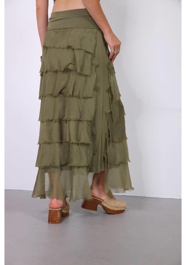 İtalyan 2 Beden Ince Gösteren Kat Kat Ipek Etek & Straplez Elbise Açık Haki