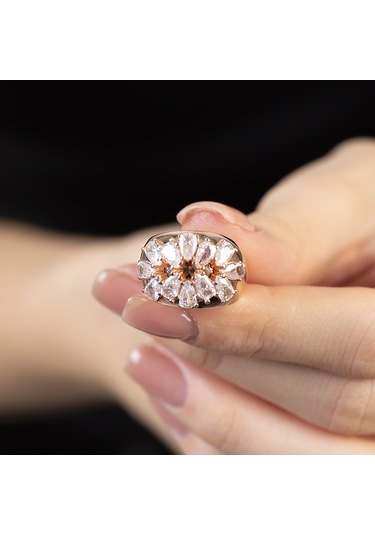 Damla Kesim Beyaz Zirkon Taşlı Rose Renk Free Size 925 Ayar Gümüş Kadın Yüzük Beyaz
