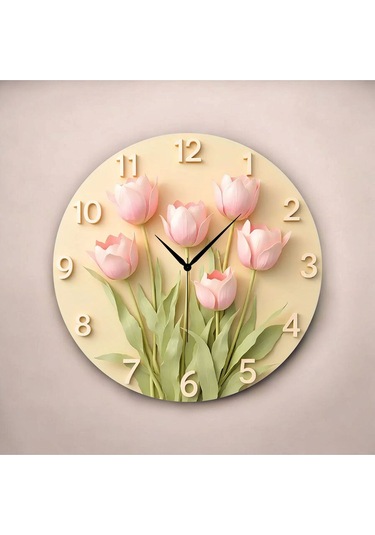Çiçek Renkli Baskı Desenli Sayılı Hediyelik Ahşap Sessiz Tablo Duvar Saati 85 Renkli