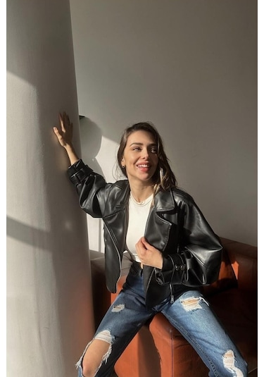 Prifaldi Pb Balon Kol Oversize Siyah Deri Ceket Siyah