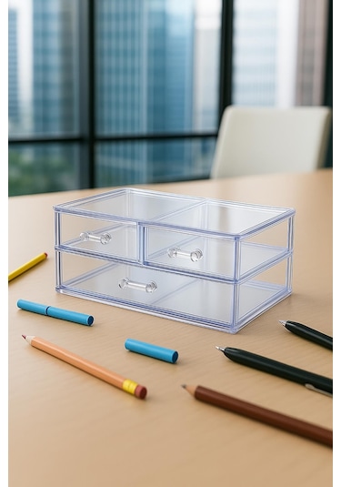 Şeffaf 3 Çekmeceli Kalemlik Düzenleyici Organizer 14 24 10 Cm Şeffaf