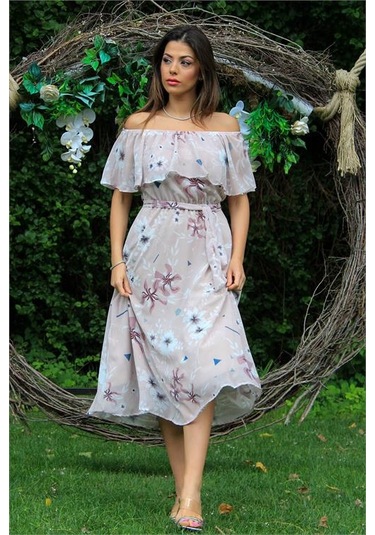 Neşeli Butik Kadın Yeni Sezon Bağlama Detaylı Madonna Yaka Şifon Elbise Nb100371 Bej