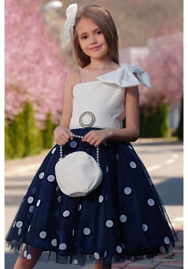 Riccotarz Kız Çocuk Tek Omuzlu Puantiye Detaylı Lacivert Abiye 001