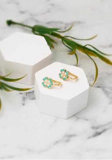 Bilezikci Su Yeşili Yonca Çocuk Küpesi 14 Ayar Sarı Altın