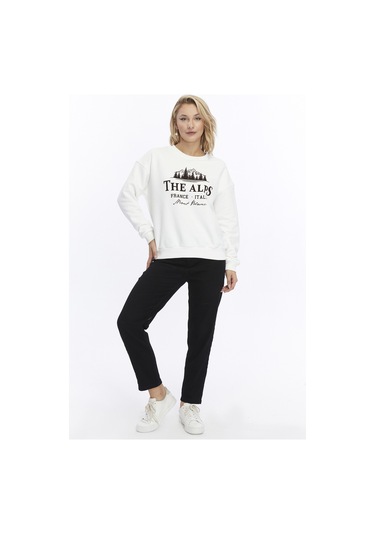 Gidia Kadife The Alps Desenli Ekru Yumuşak Dokulu Regular Fit Bisiklet Yaka Kadın Sweatshirt Ekru