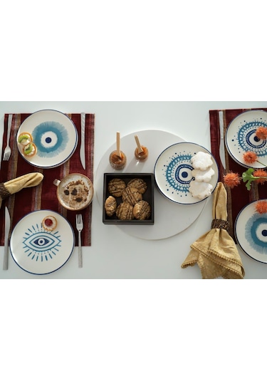 Kevin Seramik Nazar Boncuklu Hand Made 6 Parça Lüks Pasta Sunum Tabağı