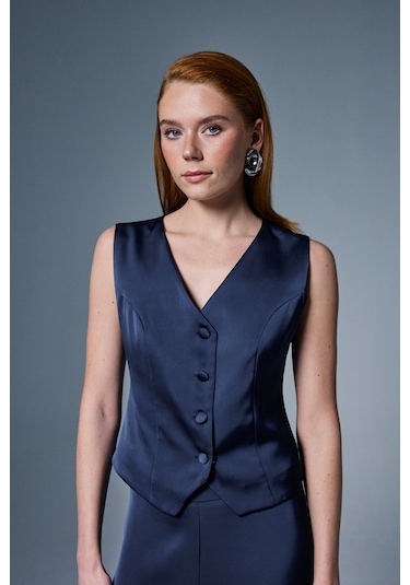 Sateen Klasik Düz Yelek - Lacivert-137032 Lacivert