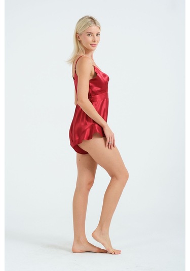 Laperissa Kadın Kırmızı Saten Tulum Fırfır Ve Lastik Detaylı, Askılı, Şık Ev Giyim Ve Gece Stili Kırmızı