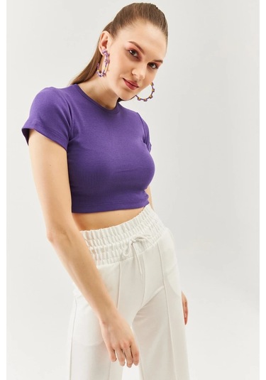 Kadın Kısa Kol Bisiklet Yaka Vücuda Oturan %100 Pamuklu Kaşkorse Esnek Crop Bluz Mor