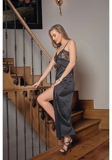 Dantelli Uzun Yırtmaçlı Saten Gecelik Elbise String Takım Siyah Mgp31512 Siyah