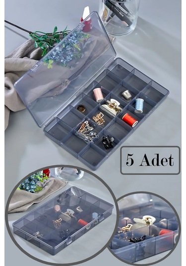 Bayev 5 Adet Füme 18 Bölmeli Avantajlı Takı Aksesuar Saklama Kutusu Gri