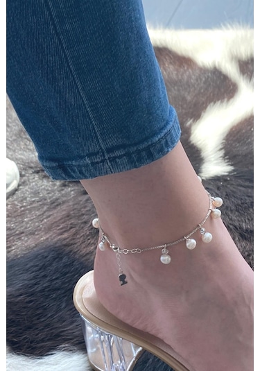 Doğal İnci Sallantılı Kadın Halhal Gümüş