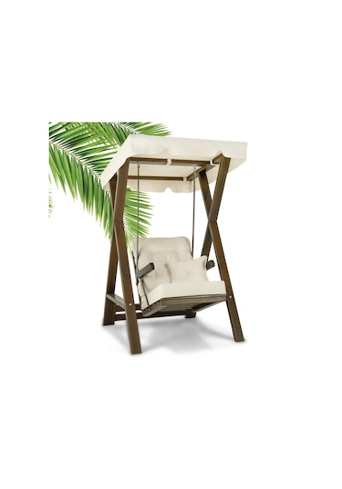 Meda Tekli Ladin Ahşap Salıncak Dış Mekan Bahçe, Teras Salıncağı -krem Krem