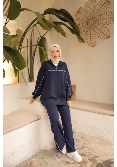 Tesettür Eşofman Takımı Ikili Takım Fermuarlı Yaka M-483 Lacivert