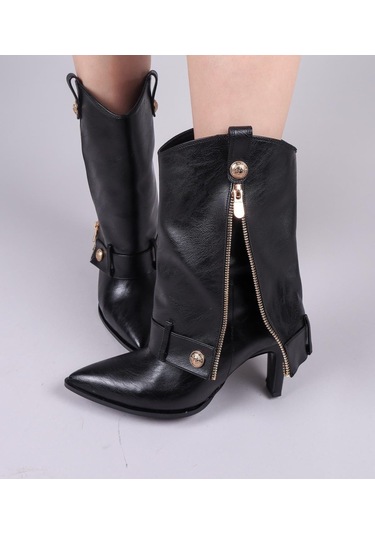 Kindep Fermuar Detaylı Günlük Kısa Topuklu Kadın Çizme Siyah Siyah