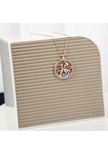 Çift Kedi Modeli Rodyum Kaplama 925 Gümüş Kadın Kolye