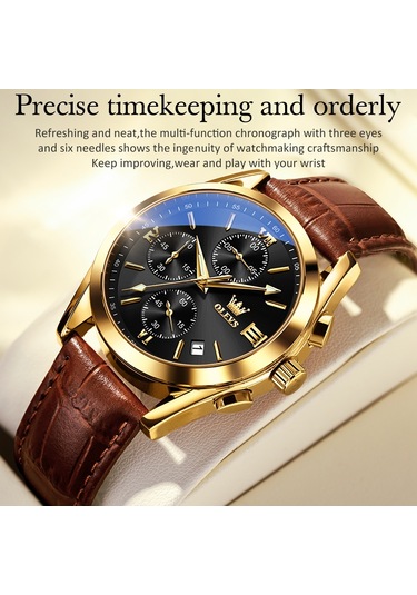 Olevs 2872 Erkekler Üç Göz Altı İğne Kronograf Su Geçirmez Kuvars Saat Siyah + Altın