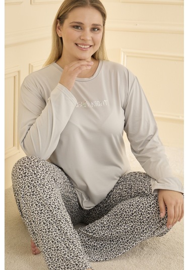 Mihra Kadın Pijama Takımı Büyük Beden & Battal Uzun Kol Gri