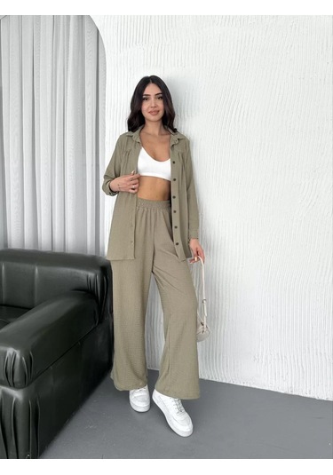 Yakalı Düğmeli Uzun Kollu Gömlek Pantolon İkili Takım - Bej Bej