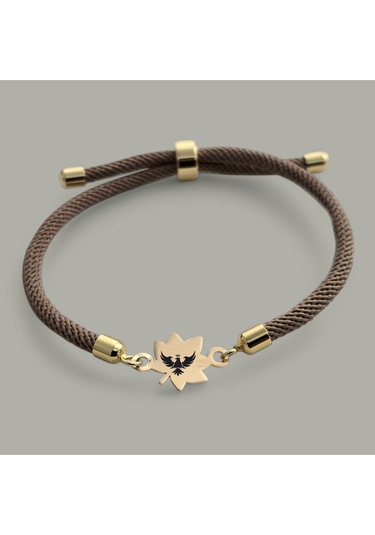 Kartal Temalı Örgülü 14 Ayar Altın Plakalı Yaprak Figürlü Hediye Bileklik-331sembol-kahverengi Altın