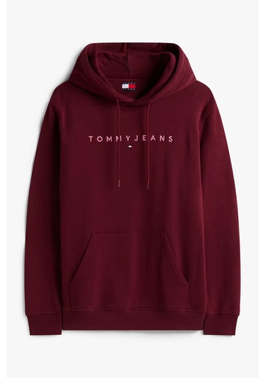 Erkek Tjm Regular Linear Logo Kapüşonlu Sweatshirt - Bordo Red Wine