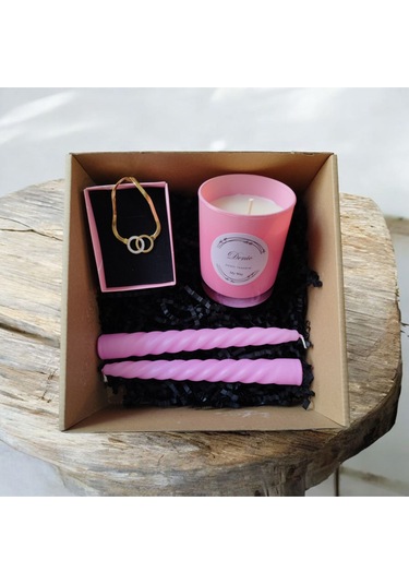 Denic Hediye Seti Kokulu Pembe Bardak Mum Halka Kolye Burgulu Mum