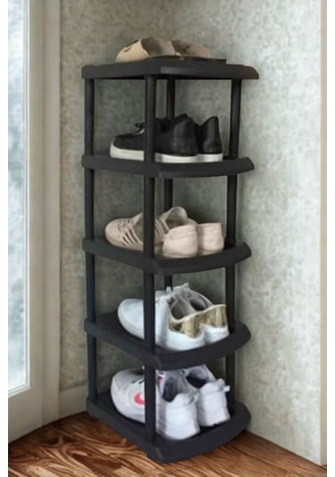 Piev Plastik Tekli 5 Katlı Ayakkabılık Siyah Siyah