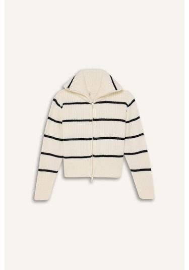 DeFacto Kız Çocuk Çizgili Fermuarlı Triko Hırka D1387A824WNER233 Ekru