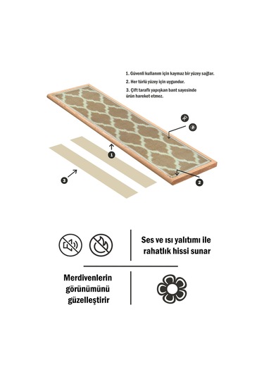 Dikdörtgen Dokuma Merdiven Halısı Kendinden Yapışkanlı Açık Kahve Bej