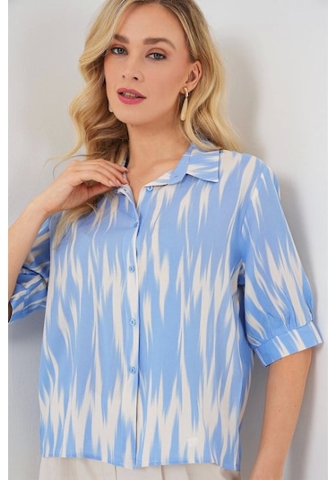 Defymoda Desenli Kısa Kol Crop Gömlek 20337 - Mavi Mavi