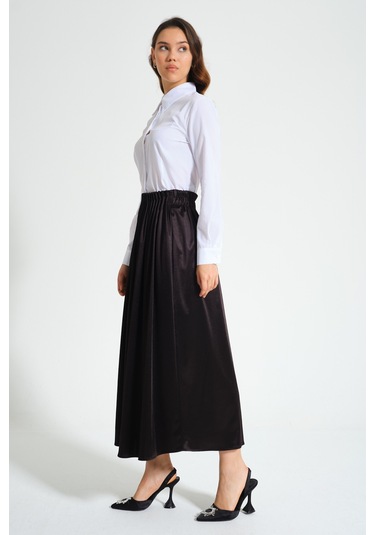 Mizalle Beli Pliseli Krep Siyah Etek Siyah