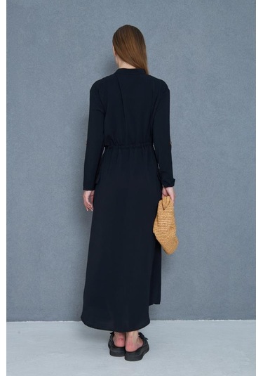 Kadın Yeni Sezon Krep Cepli Uzun Katlanabilir Kollu Büzgülü Elbise Yazlık Günlük Giyçık Siyah