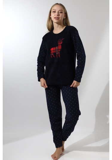 Fawn 5016 Peluş Welsoft Polar Kışlık Yumoş Geyikli Kadın Pijama Takımı-lacivert Lacivert