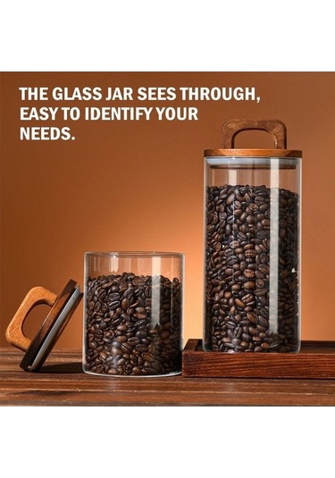 Pazly Şeffaf Cam Kavanoz Ahşap Saplı Kapaklı Depolama Kavanoz 1400ml Mutfak İçin Şeffaf