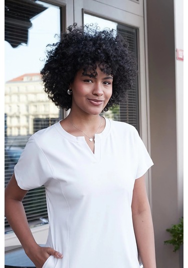 Kadın Modal İpeksi Hafif Esnek Kumaş Geniş Sıfır Yaka Patlı Düşük Omuzlu Yan Cepli Diz Boy Elbise-taş Taş