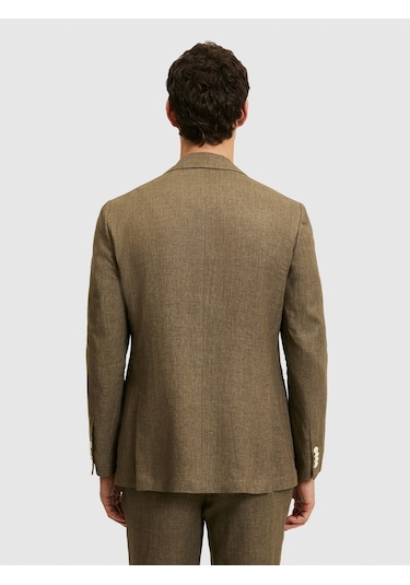 Cacharel Haki Slim Fit %100 Keten Mikro Desen Mono Yaka Ceket Yesıl